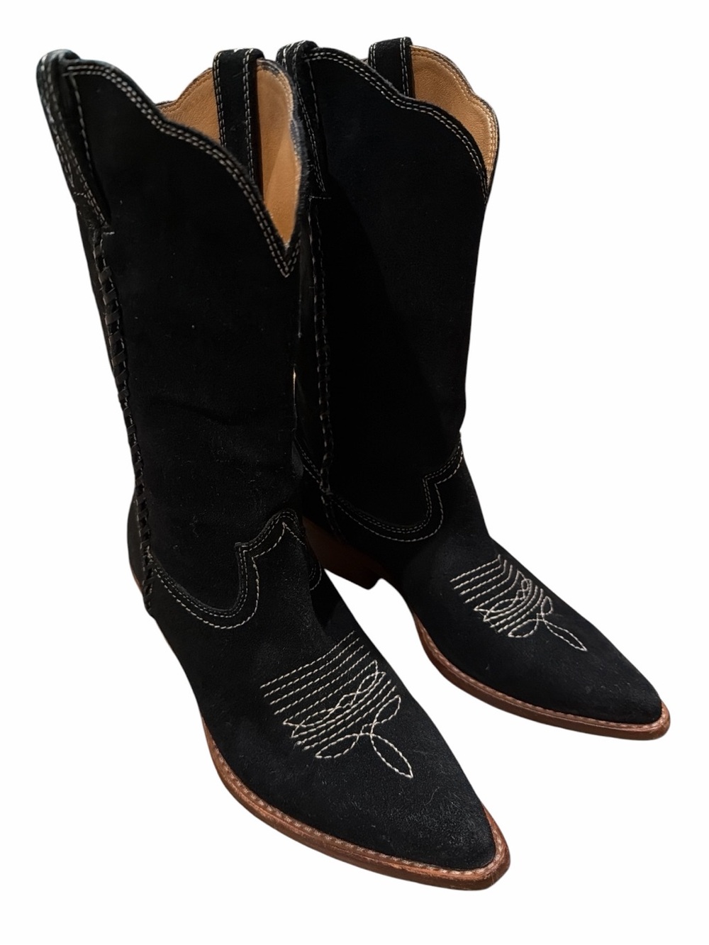 Patricia Nash Black Suede Western Heeled Boots with Contrast Stitching